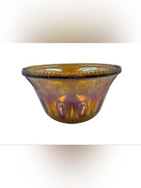 ​Vintage Marigold Carnival Glass Grape & Leaf Large Bowl 12"